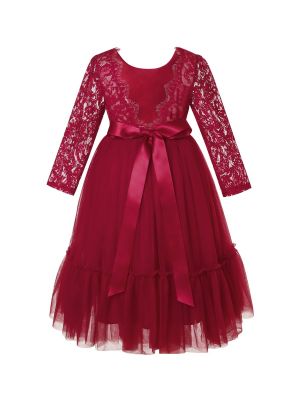 Burgundy Flower Girl Dress Long Sleeve Lace White Tulle Wedding Bohemian Dress