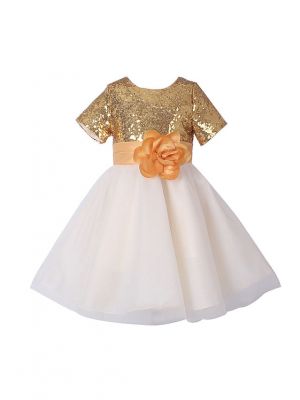 Girls Sequin Floral Belt Princess Dress