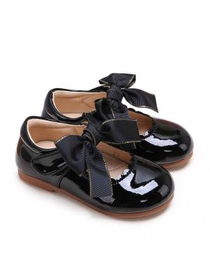 Black Microfiber Leather Girls Shoes With Handmade Bow-knot 