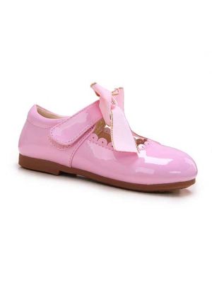 Pink Microfiber Leather Girls Shoes With Handmade Bow-knot 