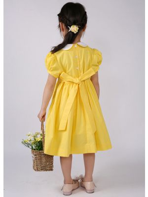 Girls Yellow Peter Pan Collar Embroidered Smocked Dress