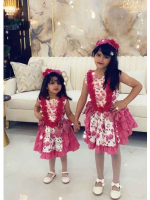 (ONLY 3Y 4Y 5Y) Rose Red Lace Bows Dots  Sleeveless Floral Patterns Girls Dress + Handmade Headband