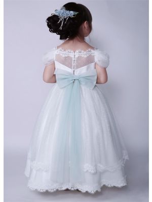 Flower Girls White & Green Lace Tulle Floor-Length Dress