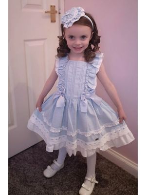 Summer Girls Dress Sky Blue Princess Dresses For Girls With Bows + Handmade Headband                                                                          