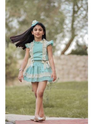 3 Pieces Summer Mint Green Girls Party Clothing Set Round Collar Flower Cotton Shirt + Lace Skirt + Handmade Headband  