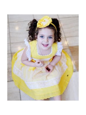 Girls Summer Yellow Cotton Dress + Handmade Headband                          