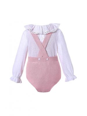(6 pieces) Cute Pink 2 Piece Baby Sweater Romper + England Style Ruffle Shirt