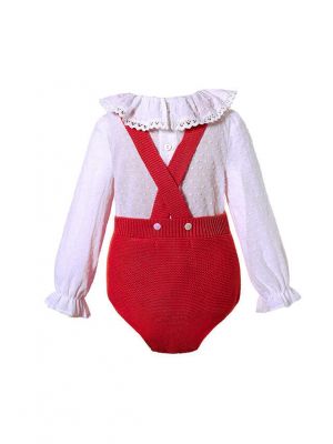Red 2 Piece baby Pom Pom Baby Sweater Romper + Long Sleeves Shirt