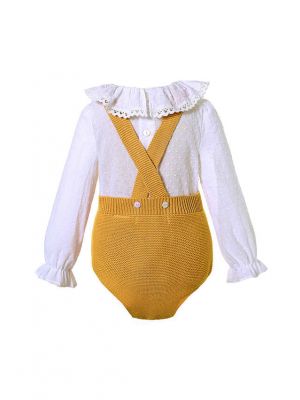 (6 pieces) 2 Piece Yellow Baby  Pom Pom Romper + Ruffle White Shirt