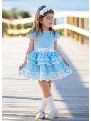 Girls Sweet Blue Dresses with White Flowers and Lace trim + Headband