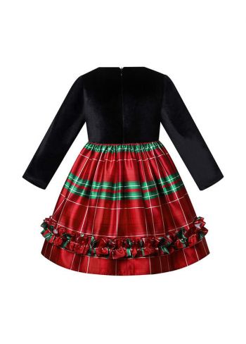 Girls Black Velvet Green Stripe Dress with Green Bow