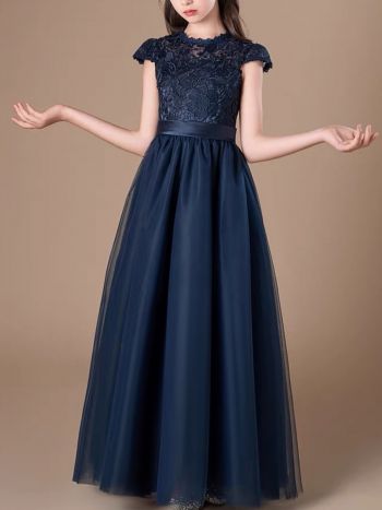 Princess Scoop Floor-Length Lace/Tulle Flower Girl Dress Navy Blue Ball-Gown
