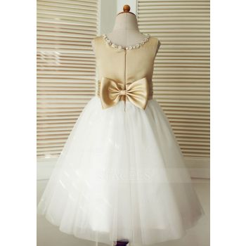 Champagne Satin Ivory Tulle Wedding Flower Girl Dress