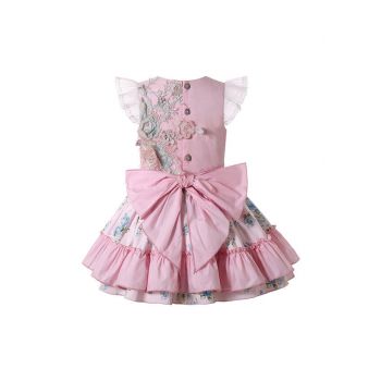 Girls Sundress Crewneck Sleeveless Floral Patterns Pink Dress + Handmade Headband