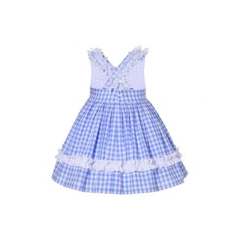 Girls Summer Blue Plaid Dress + Handmade Headband