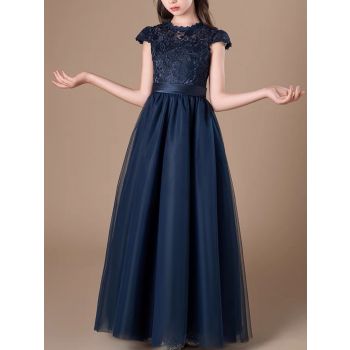 Princess Scoop Floor-Length Lace/Tulle Flower Girl Dress Navy Blue Ball-Gown