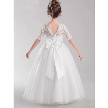 White Elegant Flower Girl Dress Lace Tulle Half Sleeves Princess Bow Birthday Concert Floor-length Junior Bridesmaid Gown