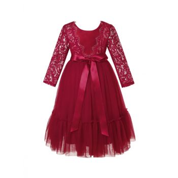 Burgundy Flower Girl Dress Long Sleeve Lace White Tulle Wedding Bohemian Dress