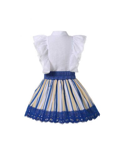 (UK ONLY)Girls White Shirt + Blue Lace Skirt 2-Piece Summer Clothes Set