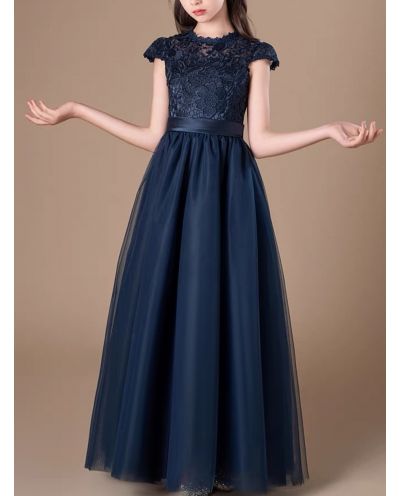 Princess Scoop Floor-Length Lace/Tulle Flower Girl Dress Navy Blue Ball-Gown