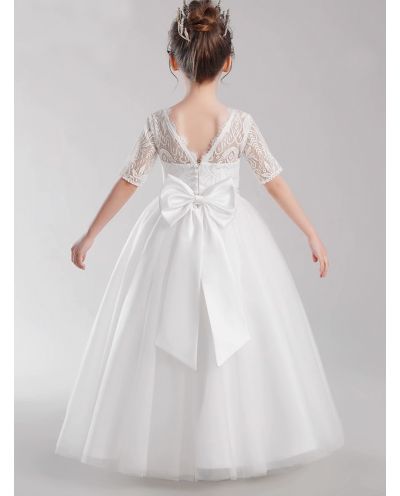 White Elegant Flower Girl Dress Lace Tulle Half Sleeves Princess Bow Birthday Concert Floor-length Junior Bridesmaid Gown