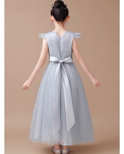 Grey Sleeveless Princess Tulle Skirt Flower Girl Dresses With Sequins
