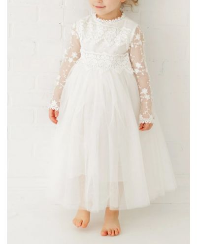 Long Sleeve Lace Flower Girl White Tulle Wedding Bohemian Lace Dress Boho Christening Gown Baptism Dress