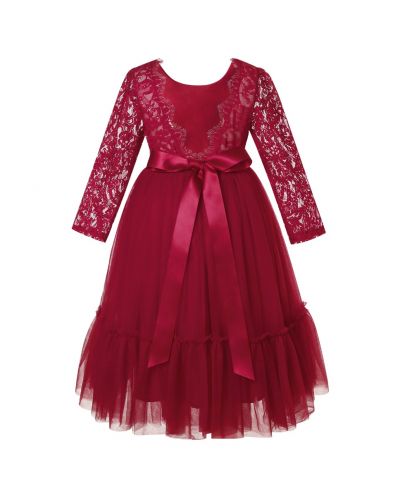Burgundy Flower Girl Dress Long Sleeve Lace White Tulle Wedding Bohemian Dress